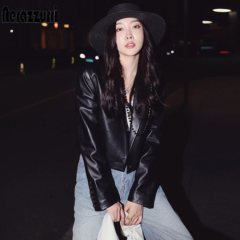 Nerazzurri Brown cropped leather jacket women long sleeve Leather blazers women Black leather top plus size clothes for women 201226