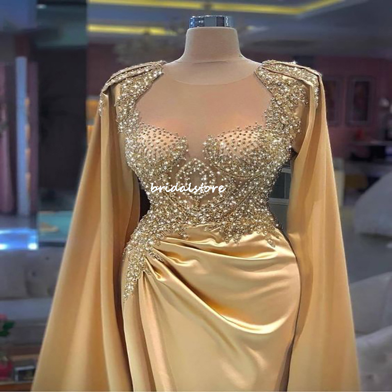 Luxury Arabic Dubai Evening Dress With Cape Sleeves Sheer Neck Mermaid African Prom Dresses 2022 With Beaded Pearls Gold Party Gowns Abaya Formal Occa