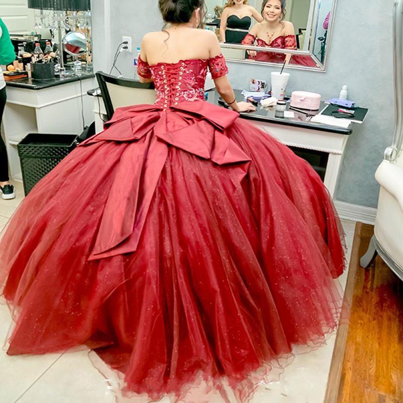 Burgundy Quinceanera Dresses Ball Gown Girls Vestido 15 anos azul Off Shoulder Appliques Sequined Long Sweet 16 Prom Dress