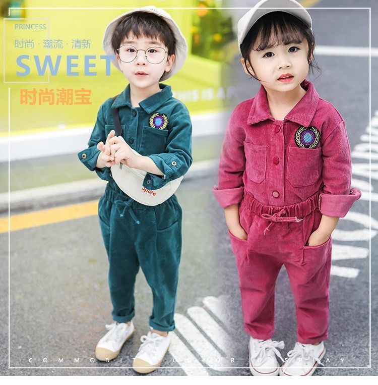 Spring Autumn Boys Girls Cardigan Clothing Set Children Corduroy Jackets Pants 2pcs Outfit Kids Casual Outdoor Clothes SetX1019