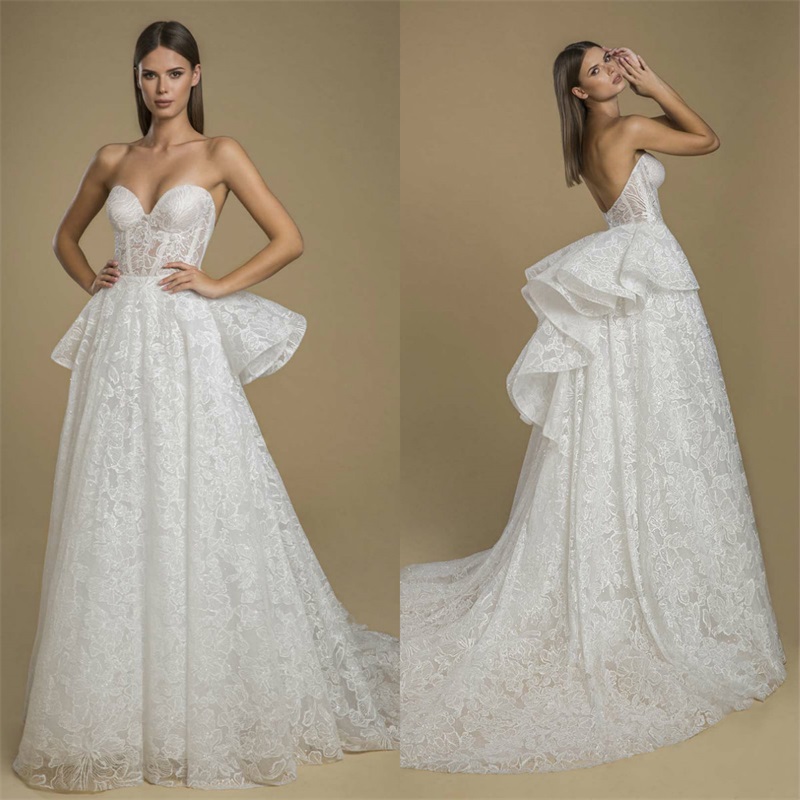 Full Lace Wedding Dresses Sexy Sweetheart A Line Appliqued Country Bridal Gowns Tiered Tulle Custom Made Robes De Mariée Sweep Train