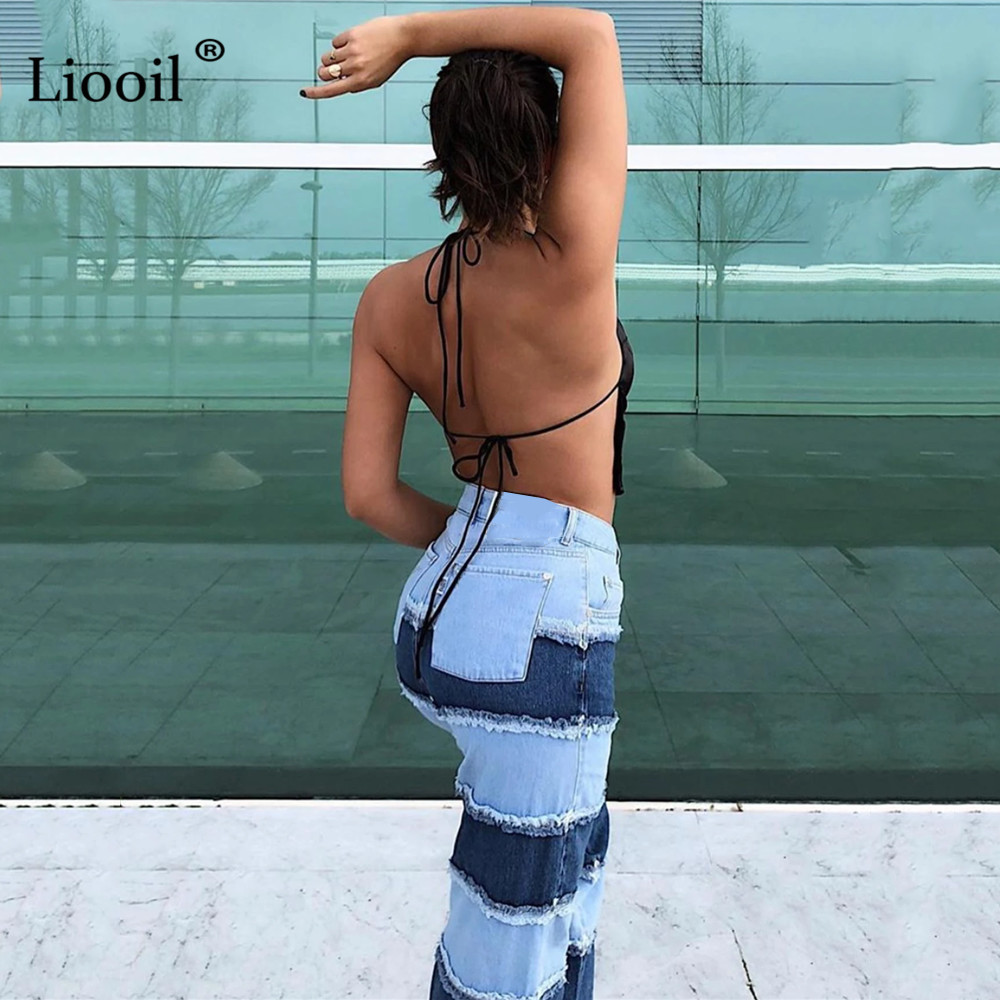 Liooil Color Block Straight Leg Jeans High Waist Pants Women Autumn Trousers With Pockets Patchwork Blue Sexy Denim Pants 201029