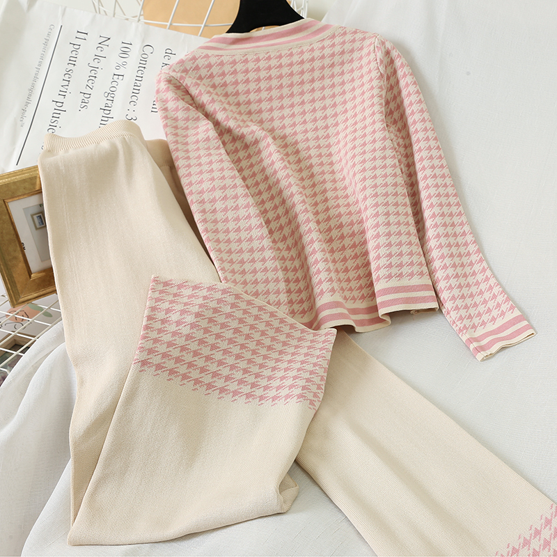 Women Knit Houndstooth Cardigan Long Sleeve Sweater Coat + Wide Leg Pants Sets Elegant V-neck Jacket Trousers 2PCS Plaid Outfits 201106