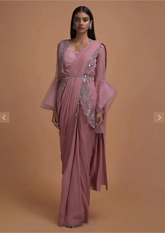 Thulian Pink Ready Pleated Saree Topped With Organza Jacket Having Bell Sleeves 2022 bling bling indian evening prom dresses