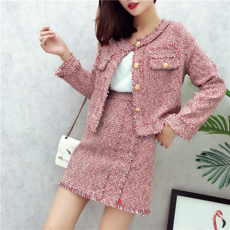 Autumn Winter Runway Tweed Suit Set Womens Single Breasted Short Jacket Coat High Waist Tassels Bodycon Mini Skirt Suit 201102
