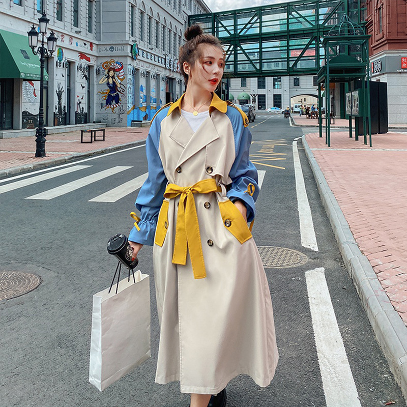 DEAT Autumn Fashion Womens Trench Coat Casual Full Sleeve Lapel Collar Patchwork Hit Color Slim Long With Belt TX175 201030