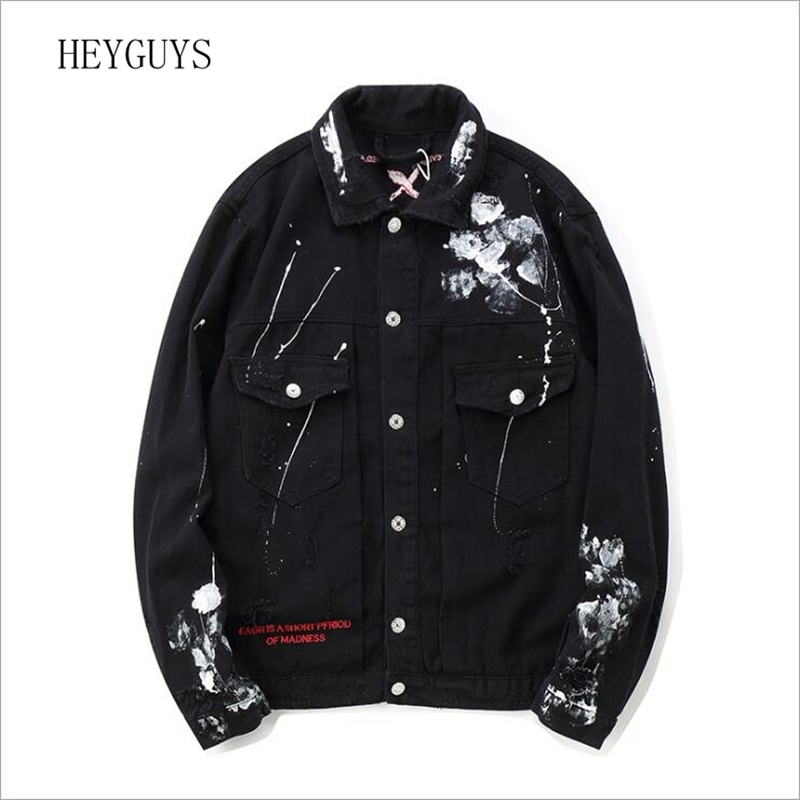 Graffiti Appliques Hip Hop Jean Jacket Men Art Gone Mad Turn Down Collar Denim Jackets Men Streetwear Clothes Rated 201127