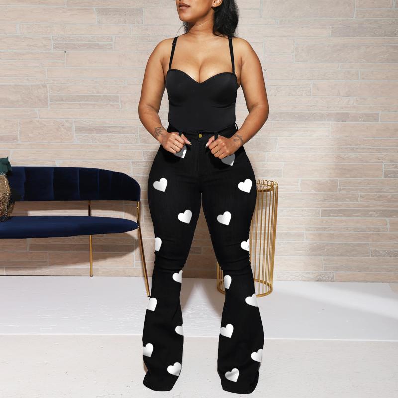Women's Jeans Bell Bottomed Wide Leg Womens Clothing Heart Printing Classic High Waist Denim Pants Bootcut Trousers