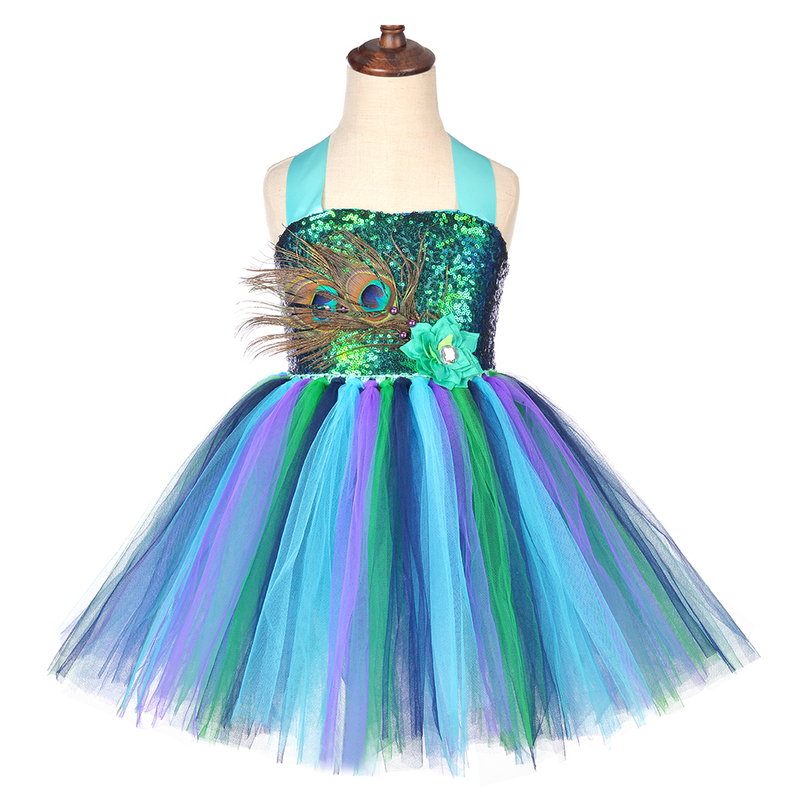 Flower Feathers Girls Peacock Tutu Dress Kids Tulle Princess Peacock Costume for Girls Pageant Halloween Birthday Party Gown 220309