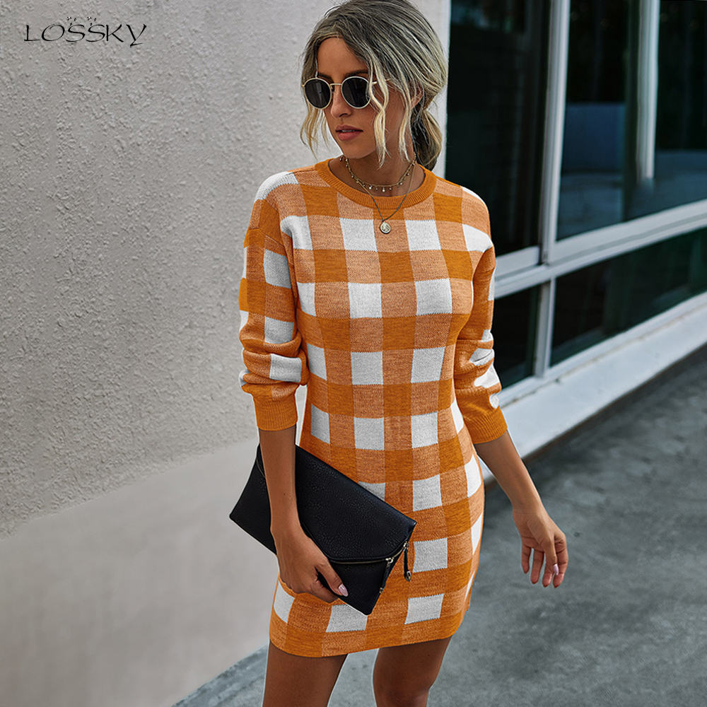 Sweater Dress Women Autumn Winter Elegant Office Plaid Long Sleeve Knit Clothes Slim Fit Black Ladies Dresses New Arrival 201125