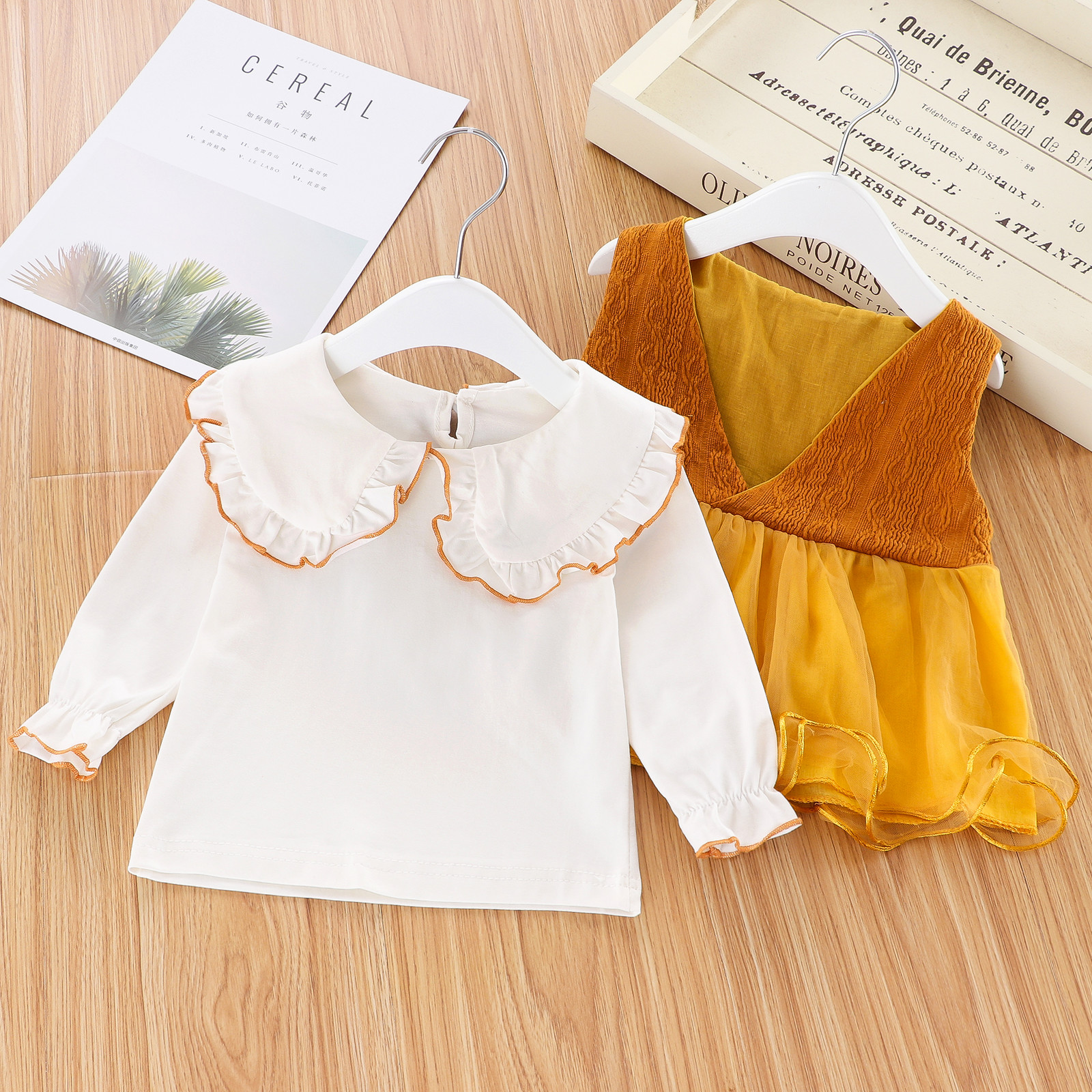 FOCUSNORM Autumn Infant Baby Girls Clothes Sets Ruffles Long Sleeve Peter Pan Collar T Shirts Tops+Lace Sundress 2pcsX1019