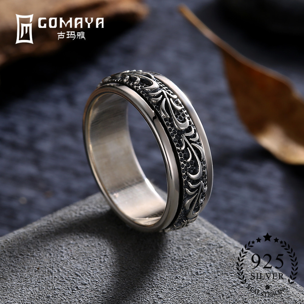 GOMAYA 925 Sterling Silver Rings Rotate Carving Flower Gothic Vintage Rock Punk Cocktail for Men and Women Wedding Fine Jewelry 201006