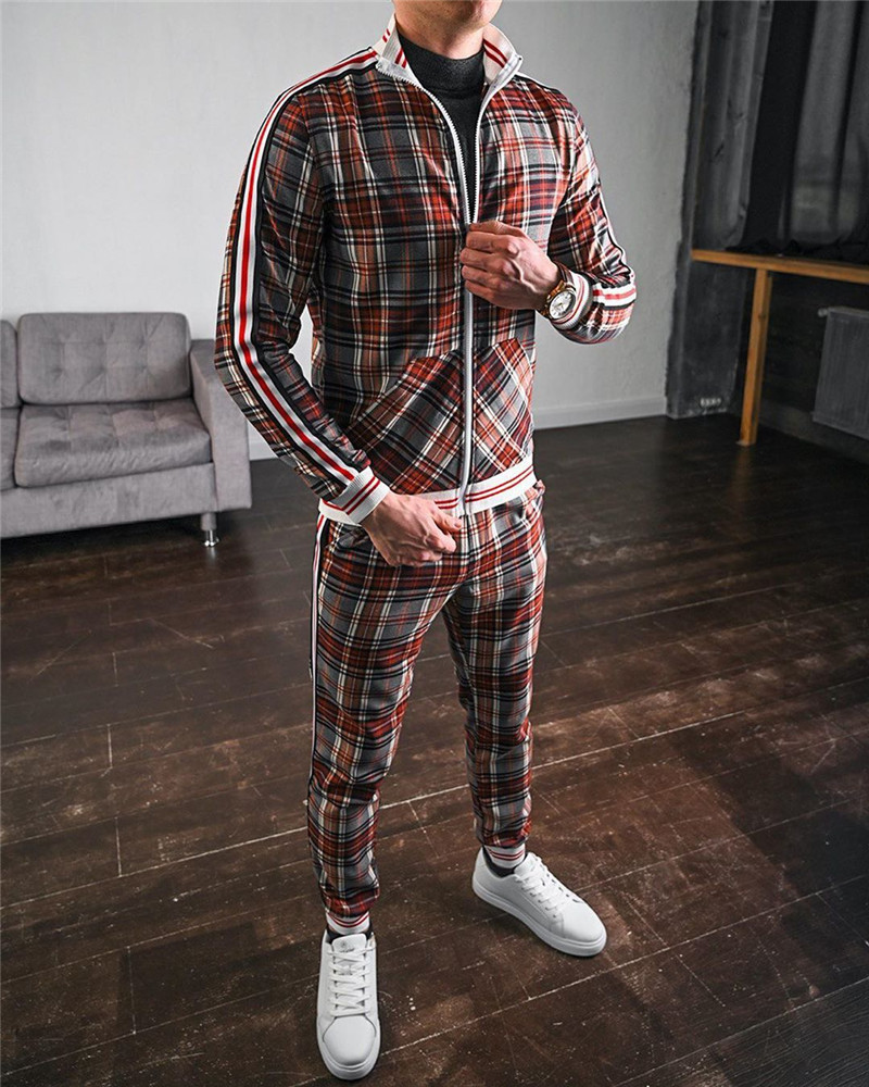 New Fashion Jackets Men Tracksuit Sets Colorful Plaid Casual Zipper Autumn male Sweatshirt Pocket 201008