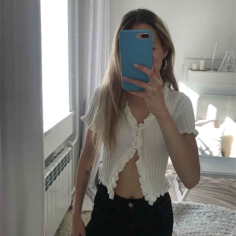 Chu Sau beauty Sweet Chic Cute Knitted Shirts Women V-neck Single Breasted Good Elasticity Crop Cardigan Sweaters Tops 201224