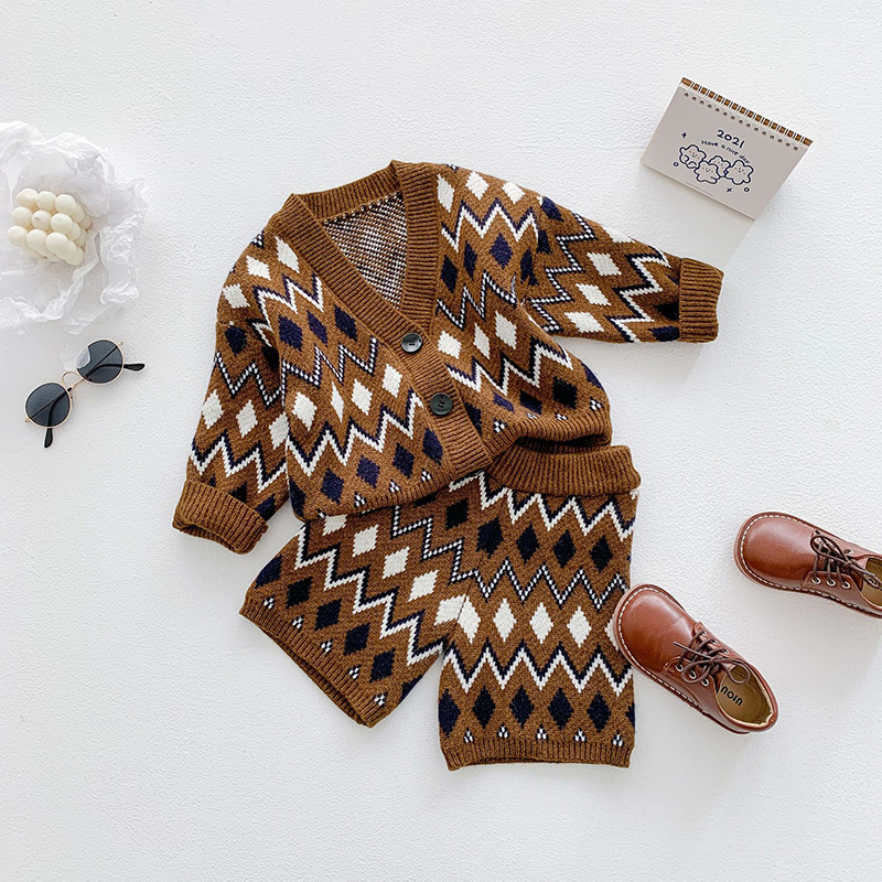 MILANCEL 2020 Girls Winter Clothes Boys Clothes Set Plaid Sweaters Brown Shorts 2 pcs Kids SetX1019