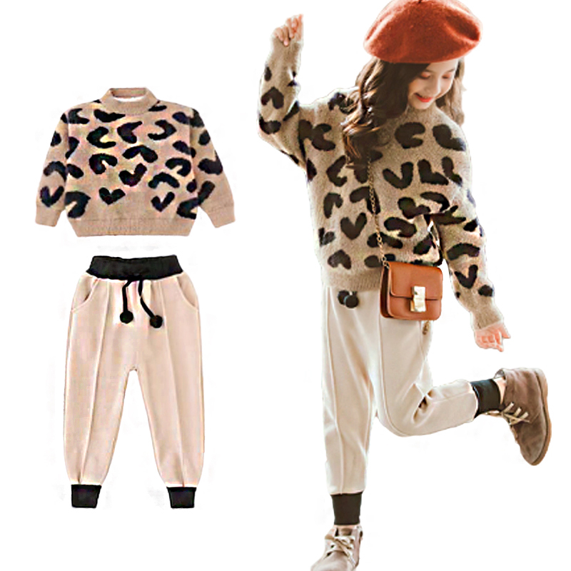 Clothing Sets For Girls Leopard print top+Solid Pants 2Pcs 2020 Spring and autumn Fashion Sets Kids Clothes Suits Y1117