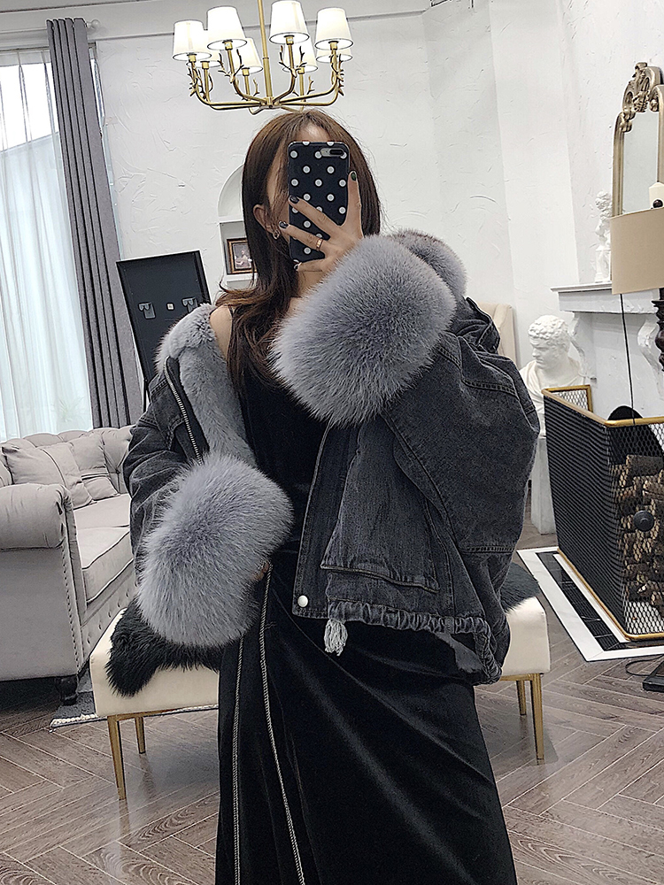 Denim Parka Women Winter Jacket Real Fox Fur Collar Cuffs Rabbit Lining Warm Loose Outerwear Streetwear Removable 201027
