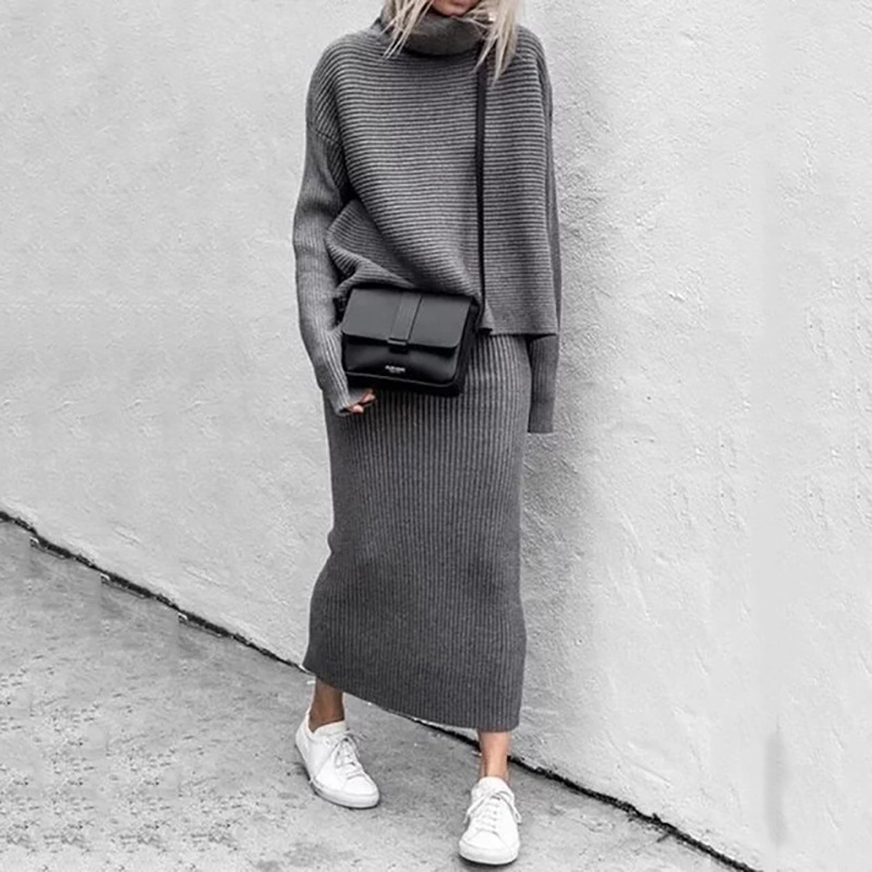 Knitted Two Piece Set Women Pullovers Turtleneck Loose Sweater+Long Skirts Bodycon Outfits for Woman Office Lady Suits Set 201102