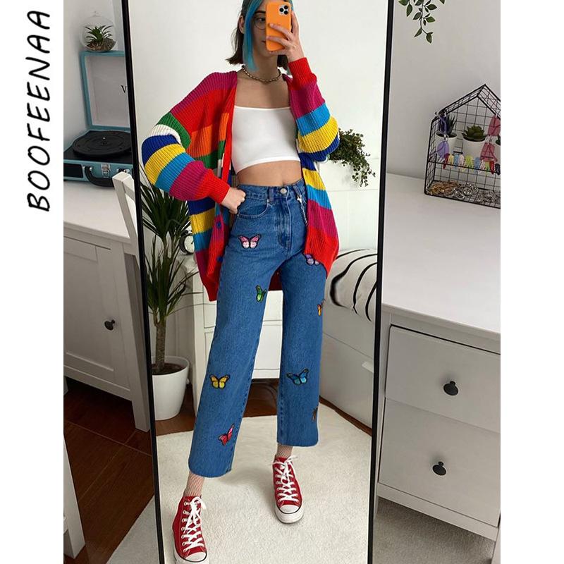BOOFEENAA Colorful Butterfly Embroidery Blue Jeans Woman Cute High Waist Denim Straight Pants Girls Casual Trousers C67-BA86
BOOFEENAA Colorful Butterfly Embroidery Blue Jeans Woman Cute High Waist Denim Straight Pants Girls Casual Trousers C67-BA86