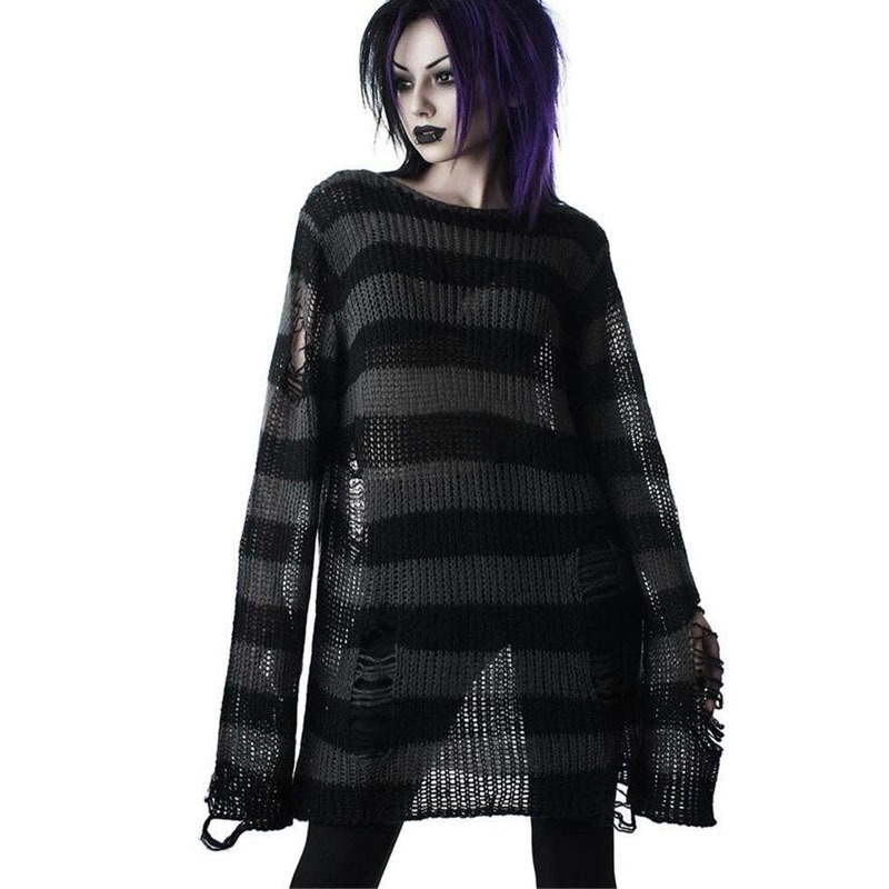 Punk Gothic Long Unisex Sweater Summer Women Striped Cool Hollow Out Hole Broken Jumper Loose Rock Thin Dark Streetwear Top 201017