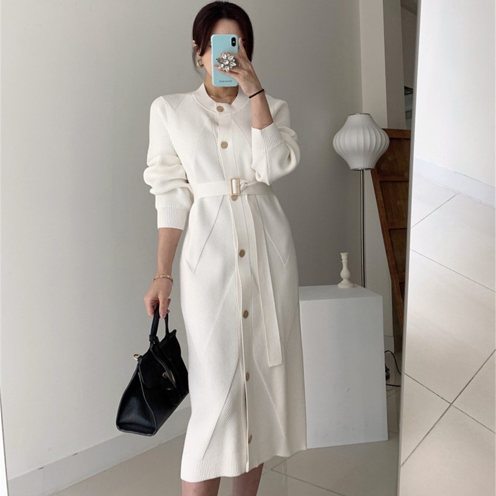 Winter Elegant O-Neck Single-Breasted Women Solid Sweater Long Sleeve Belted Knitted Mid-Length Dress Female 201126