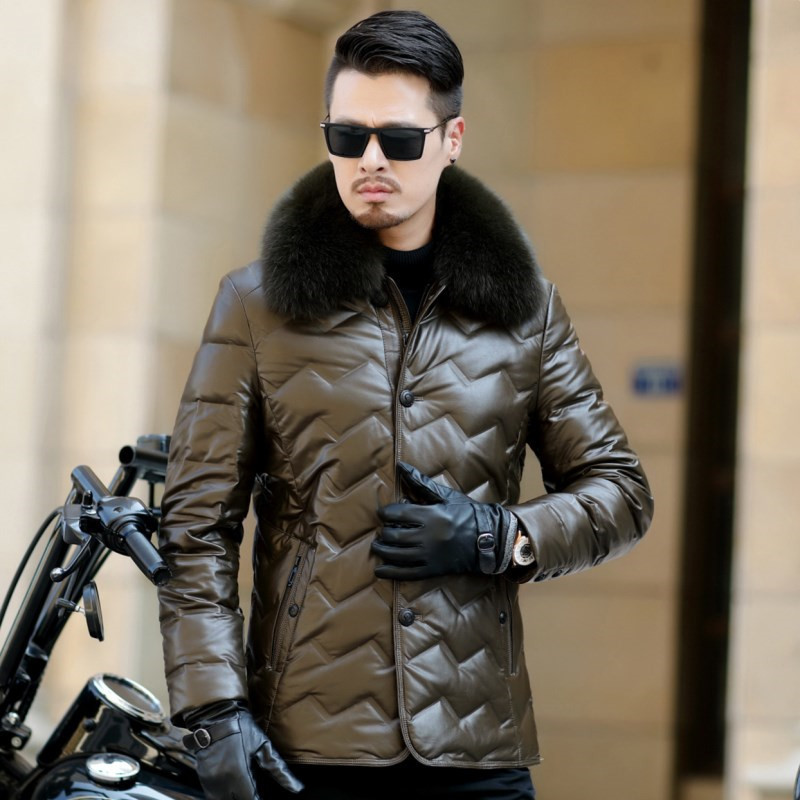 Winter Jacket Mens Leather Jacket fo Fur Collar Business Solid duck down Mens Faux Fur Coats Plus Size M-4XL 201128