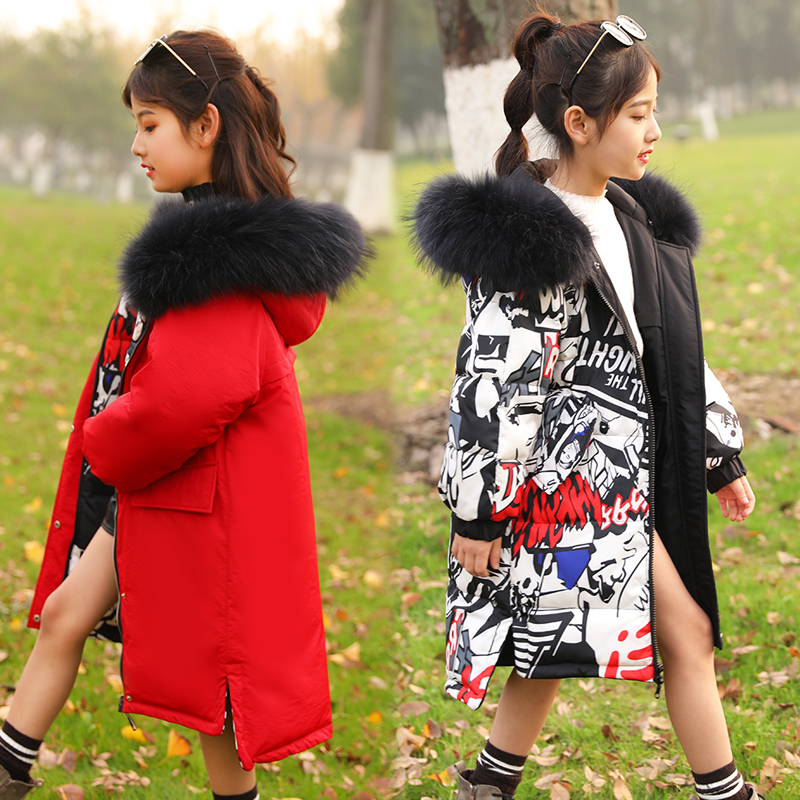 Russia Winter Boys & Girls Two-sided wear Children Thickening Warm Down Jackets Long Big Fur Hooded Outerwear Coats Kids Down LJ201017