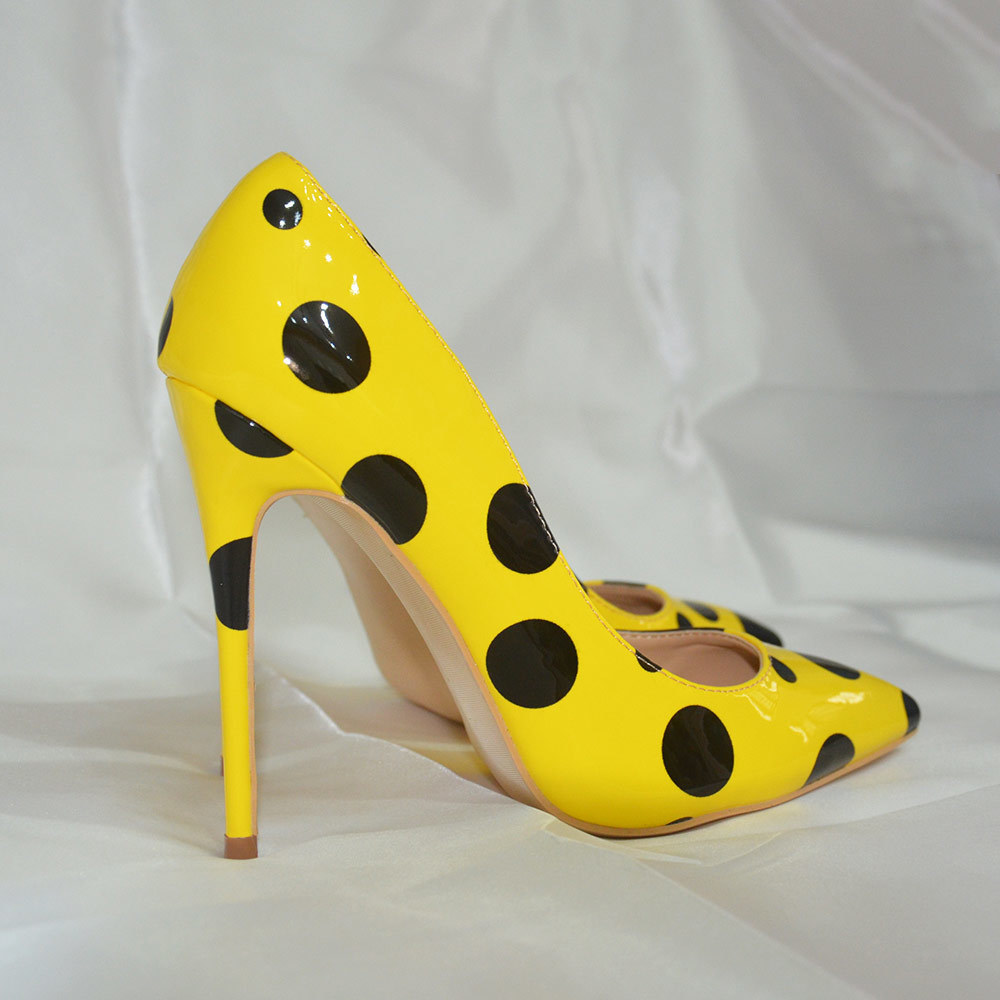 Veowalk Black Polka Dots Women Yellow Stilettos High Heels Ladies Fashion Slip On Pumps Club Party Dress Shoes Color Customized LJ201112