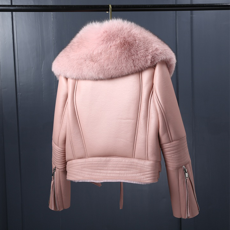 Ly Varey Lin Women Winter Faux Sheepskin Coat Short Faux Lambs Wool Fur Collar Leather jacket Warm Thick Female Zipper Outerwear 201020