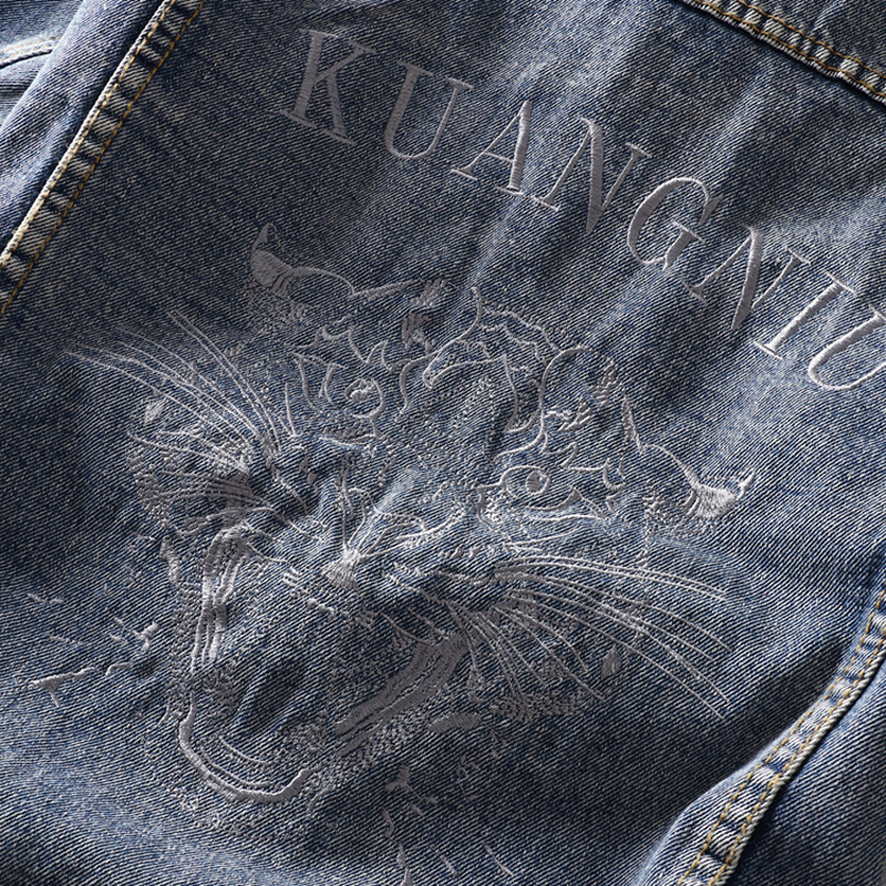 Fashion Streetwear Men Jacket Retro Blue Destroy Ripped Denim Jacket Men Coat Tiger Embroidery Stripe Hip Hop Jean Jacket Hombre T200502