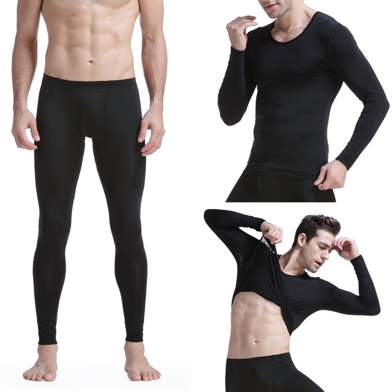 Sexy Male Long Johns Men's Thermal Underwear Sleepwear Ice Silk Lounge Tight Translucent Long Sleeve Undershirt Trousers Set 201023