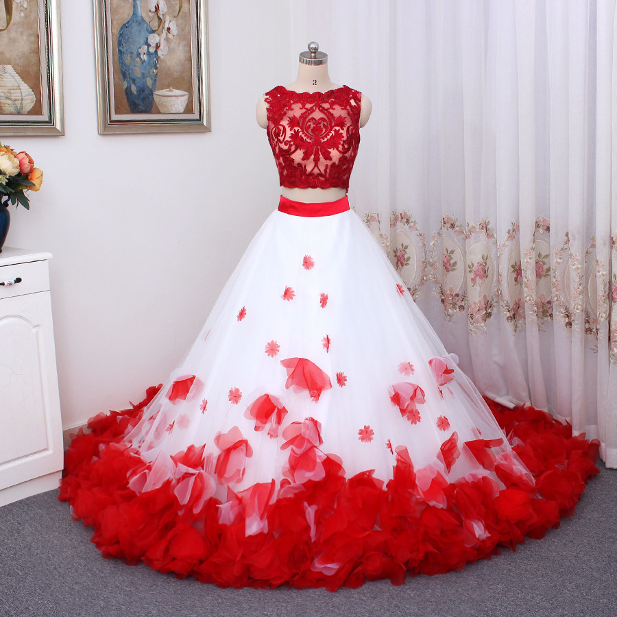 Two Pieces White And Red Quinceanera Dresses With Handmade Flowers Appliques A Line Full Length prom Pageant Gowns Sweet 15 Dress Vestidos De 16 Brith