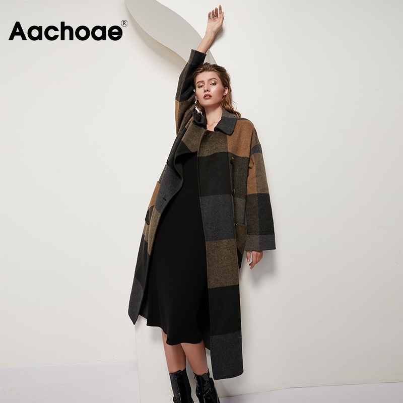 Aachoae Women Vintage Plaid Woolen Long Coat With Pockets Double Breasted Fashion Overcoat Female Batwing Long Sleeve Wool Coats 201027