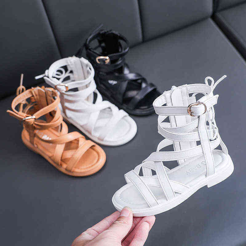 Kids Roman Sandals High-Top Girls Flat Beach Sandals Children Girls Princess Shoes Solid Color Summer Shoes G220307