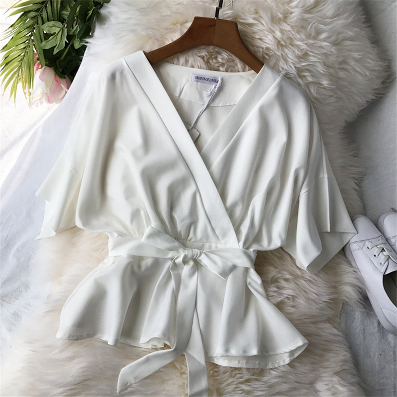 2019 Korean Women Bow Lace Up Slim Tops And Blouses Ladies V-Neck Chiffon Shirt Half Sleeve Ruffles Oversized Blusas Mujer T200321