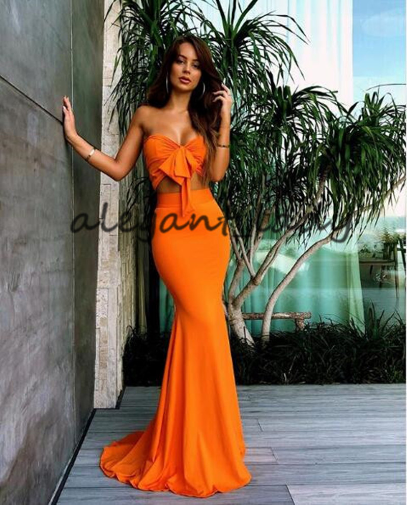 Sexy Fashion Orange Long Bridesmaid Dresses 2021 Two Pieces Mermaid Beach Holiday Boho Junior Maid of Honor Wedding Guest Gown