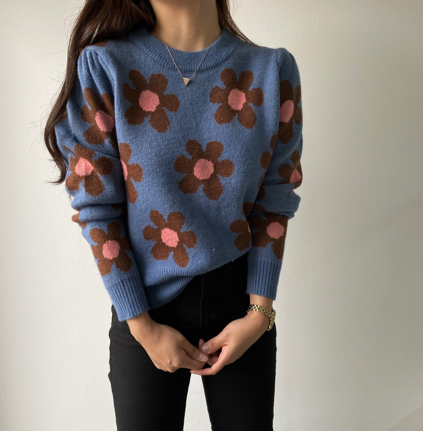 Gagarich Women Sweater Korean Autumn Winter All-match Contrasting Color Flower O Neck Pullovers Loose Long-Sleeved Knitted Tops 201130
