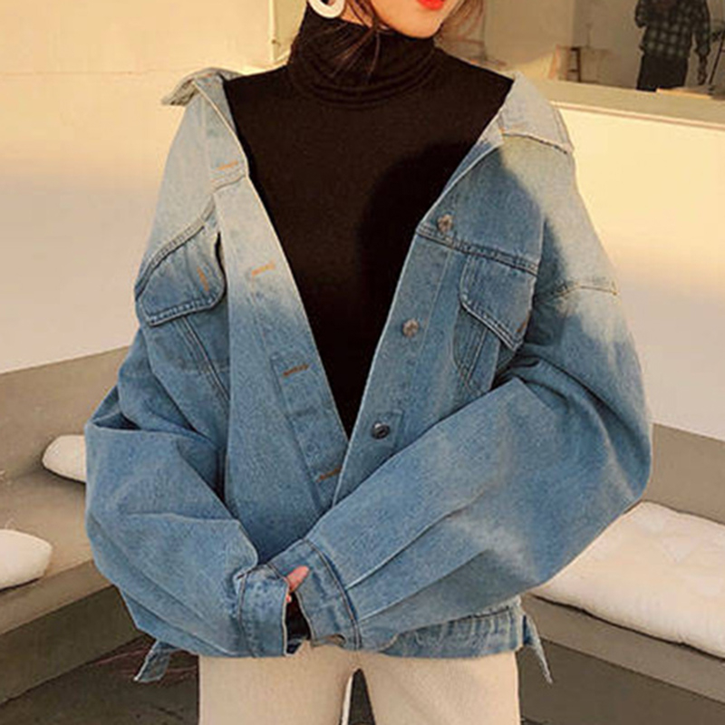 Women's Coat Denim Jacket Vintage Loose Printed Jaqueta Feminina Oversized Jacket Long Sleeve Coat Single Breasted Jackets T200319