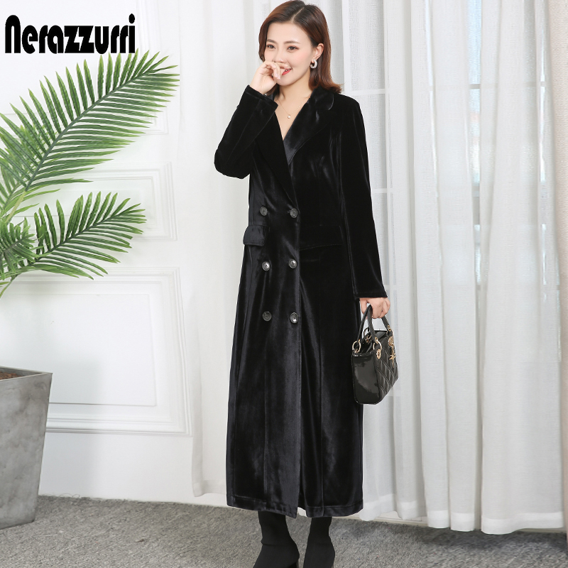 Nerazzurri spring womens clothes Double Breasted Peaked Lapel long sleeve long velvet coat plus size maxi overcoat women 201030