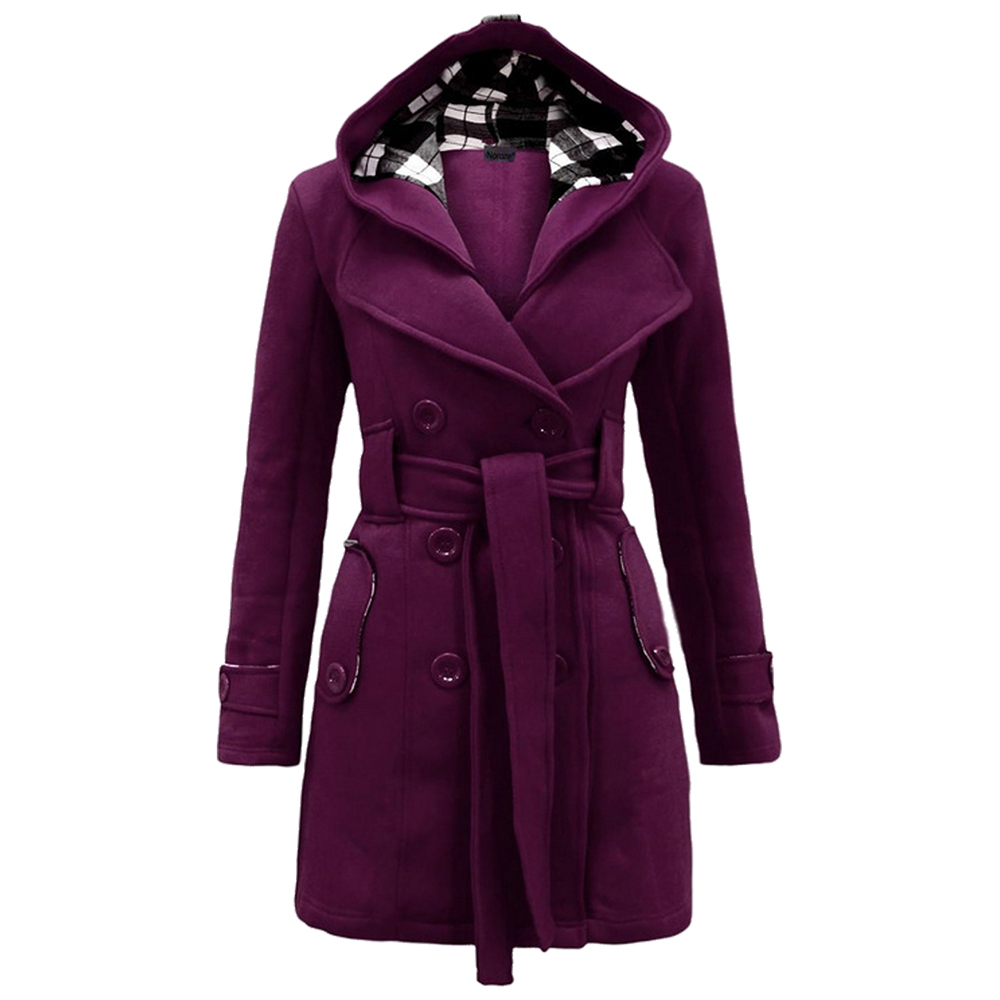 YMING Women Wnter Double Breasted Pea Long Sleeve Coat Mid Length Outwear Trench Check Hood Coat 201027