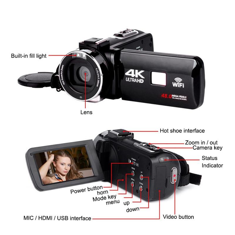 RISE-4K Camcorder 48MP Night Vision WiFi Control Digital Camera 3.0 Inch Touch-Sn Video Camcorder with Microphone
