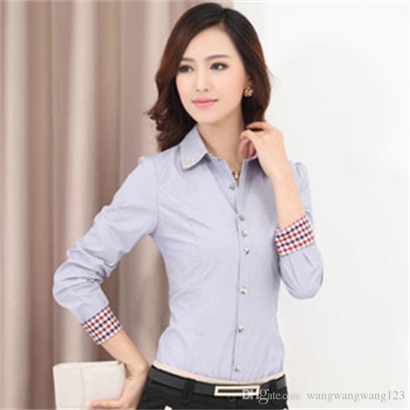 spring autumn women Career wear Office blouse tops Shirt Long Sleeve red white Korean lady Slim Cotton Blend Formal Workwear