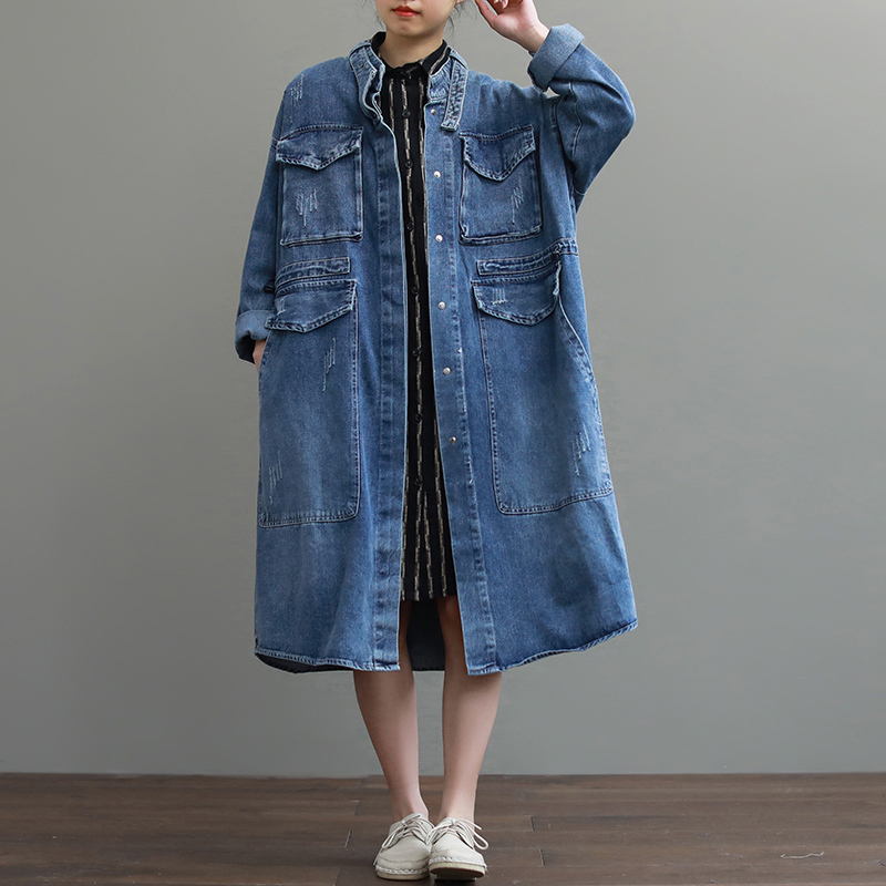 Cheap Oversize Casual Cowboy Trench Coat for Women Loose Outwear Long Denim Jean Coat Single-breasted Pocket Female Clothes 201111