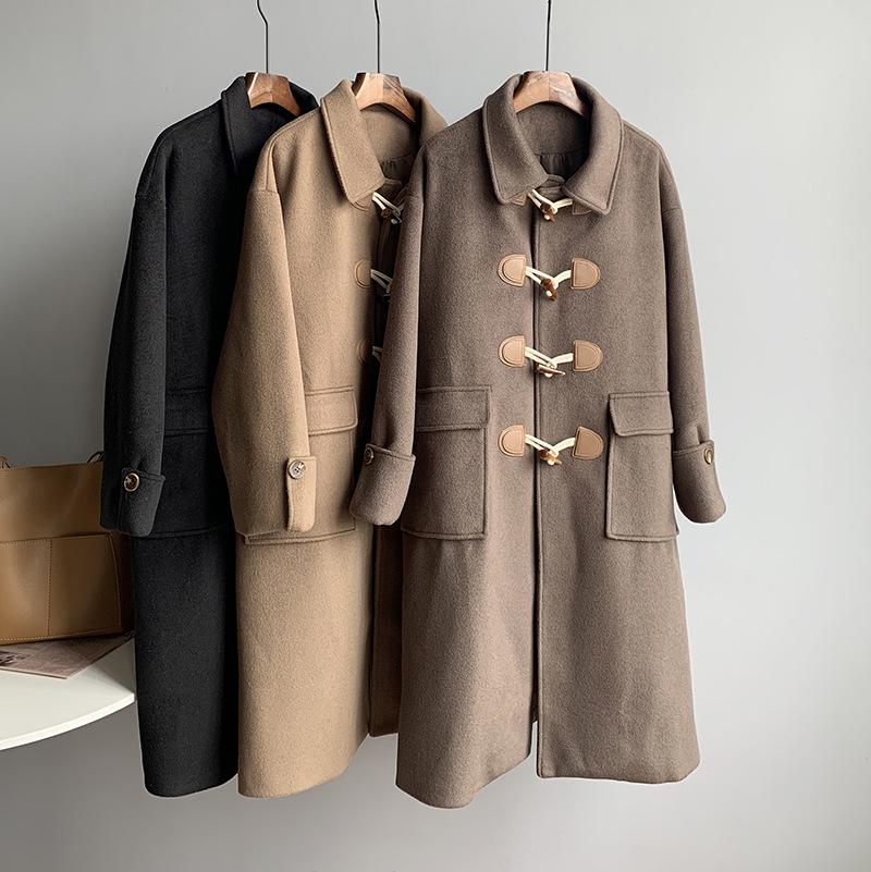 2020 winter retro solid color horn buckle Hong Kong style female woolen mid-length coat British style loose, Black
2020 winter retro solid color horn buckle Hong Kong style female woolen mid-length coat British style loose, Black