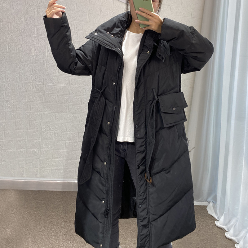 Fitaylor Winter Stand Collar Long Puffer Jacket Women 90% White Duck Down Coat Casual Loose Thick Parkas Belt Warm Snow Outwear 201202