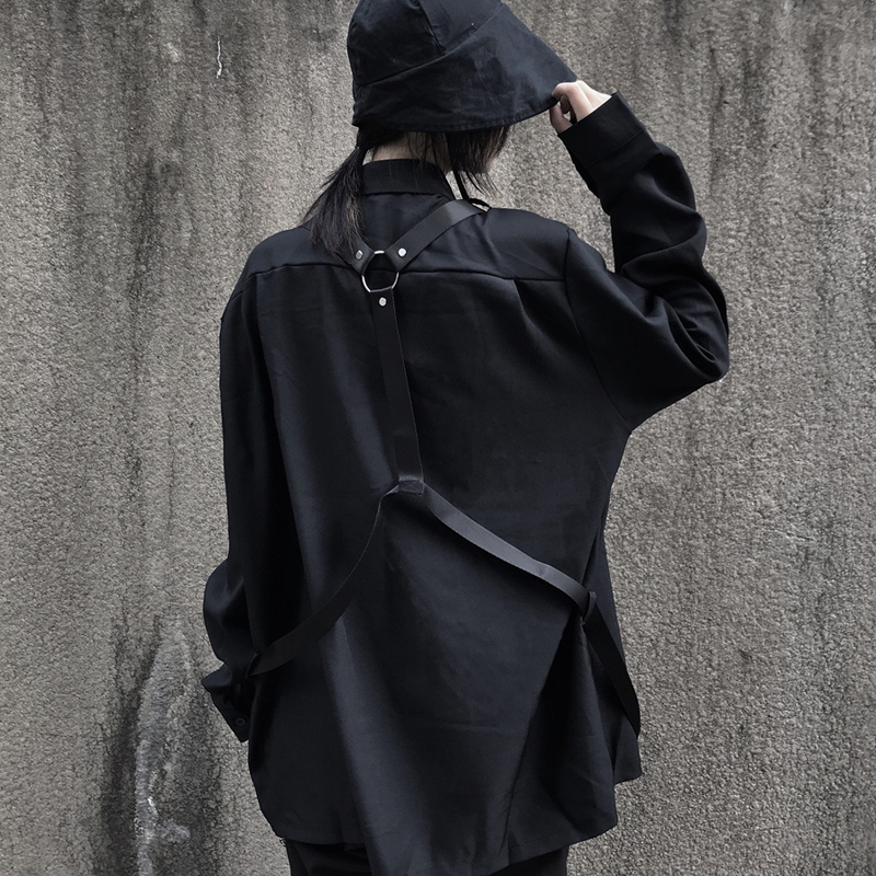 Neploe Vintage Long Sleeve Black Blouse Harajuku Women Men Shirt Autumn Korean Bandage Blusas Medium-long Tops Coat 55503 201201