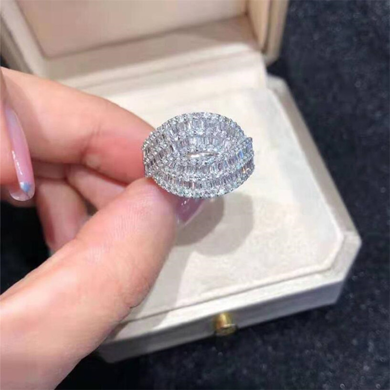 Super Sparkling Luxury Jewelry 925 Sterling Silver Full Princess Cut White Topaz CZ Diamond Gemstones Party Women Wedding Bridal Ring Gift