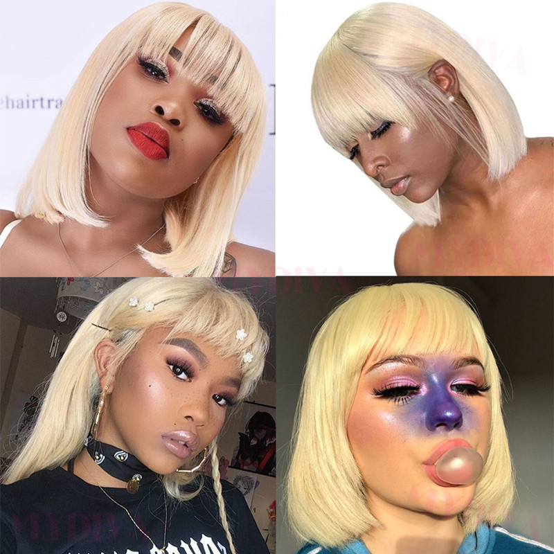 Full-Machine 613# Bob Wig Peruvian Virgin Human Hair Straight Blonde Color 10-16inch Bob Wig Bangs Blonde Light Color