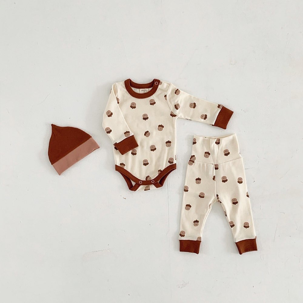 Baby Boys And Girls Clothes Sets Hazelnut Print Long Sleeves Bodysuit + Leggings + Hat 3pcs Baby Cotton Home Wear OutfitsX1019