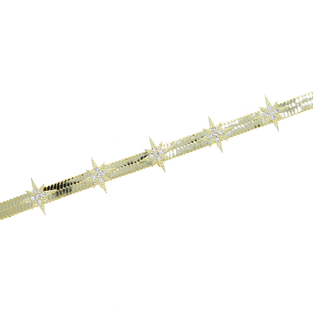 High Quality Gold Color European Women Collar Chains 5MM Width Herringbone Snake Chain CZ Star Starburst Charm Necklace